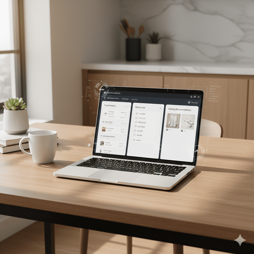 ai agent book travel, grocery shopping agents, wardrobe shopping in one everyday planning scene.