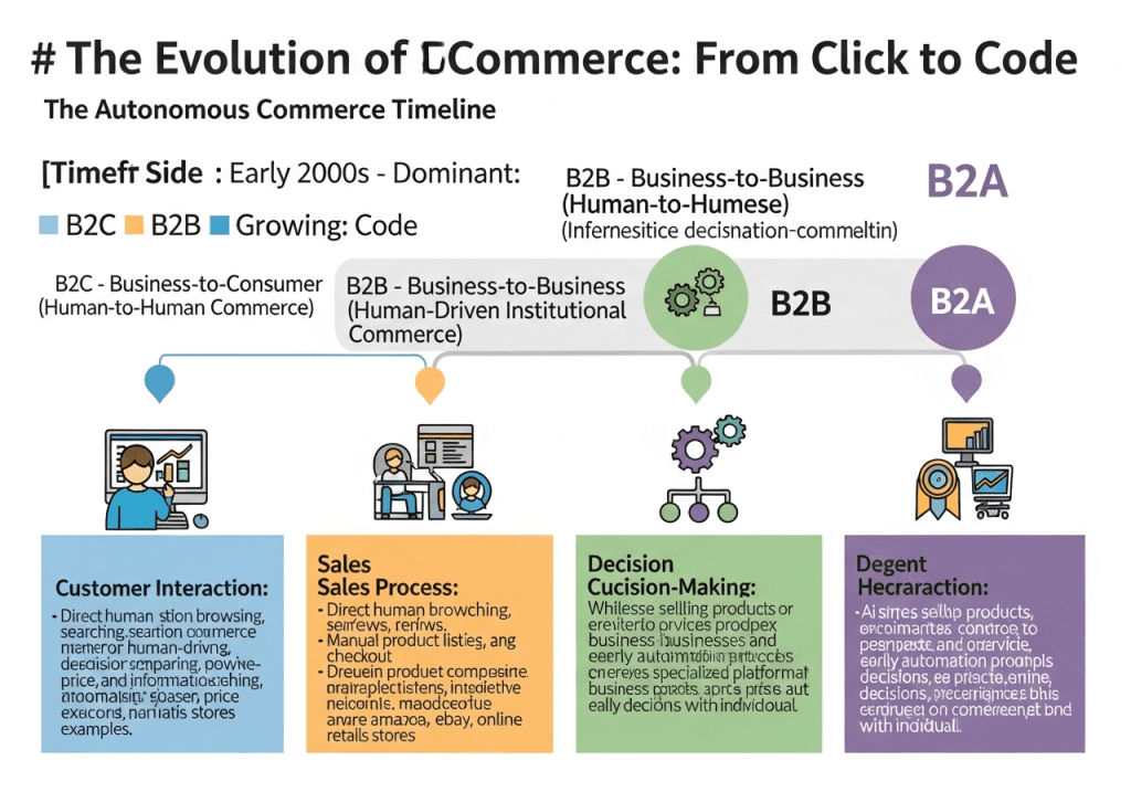 Chart showing evolution of ecommerce toward business to agent B2A and agentic commerce definition.