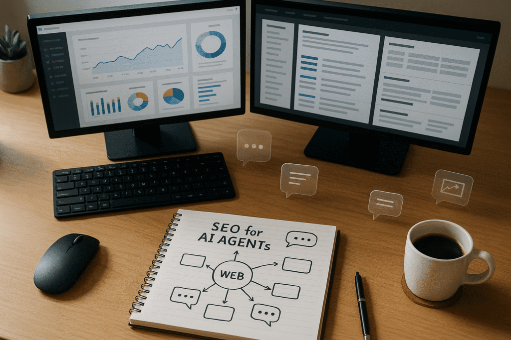 Modern workspace visualising seo for ai agents, agent-friendly content, product descriptions for agents.