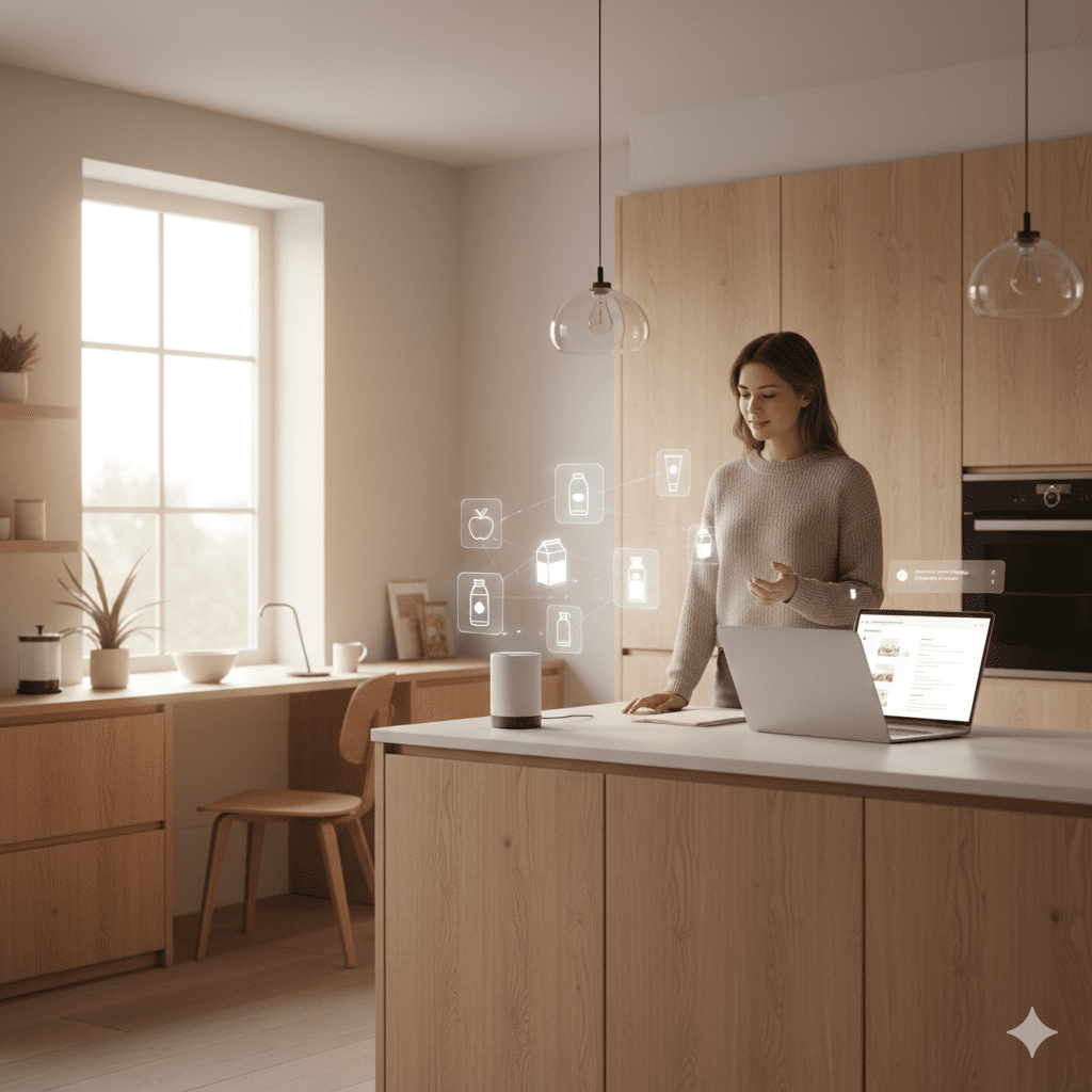 Zero-click shopping, autonomous purchasing, ambient commerce shown as a seamless home buying moment.