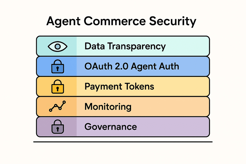 Layered chart showing trust stack for secure agent transactions and transparency in agent commerce.